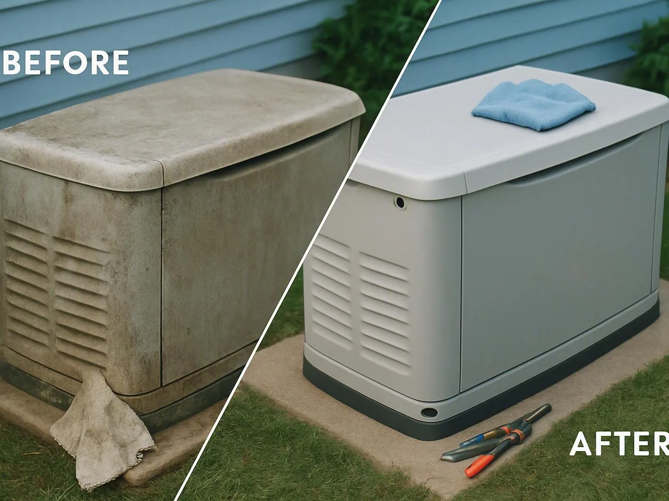Split view showing a dirty outdoor generator being cleaned with a cloth and tools nearby