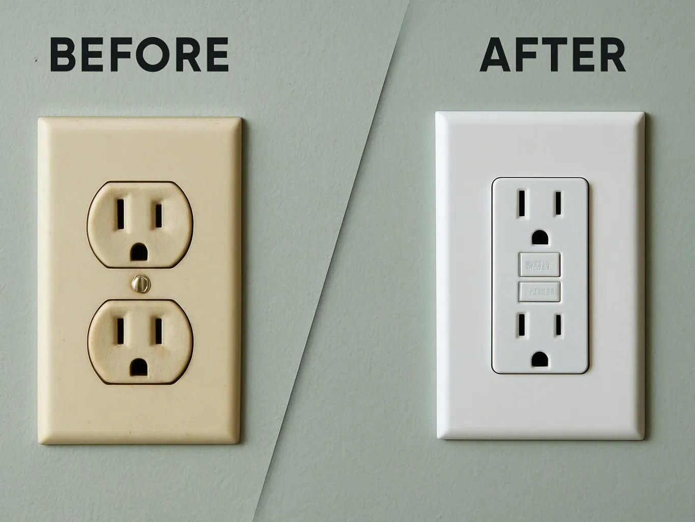 Side-by-side wall outlets labeled before and after show an old beige outlet beside a newer white outlet with USB ports