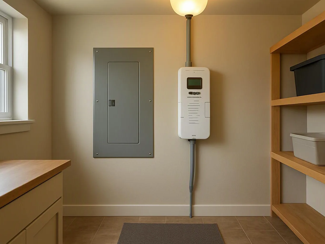 A small utility room shows an electrical panel, a wall-mounted device, shelving, and a window near the counter