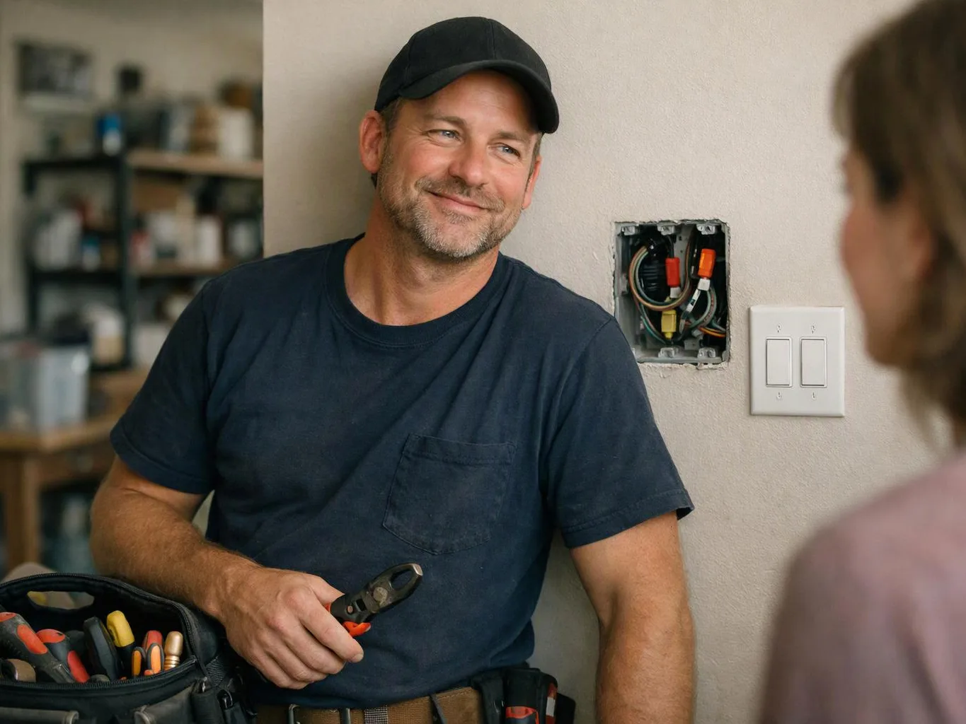 A smiling electrician in a black cap holds pliers beside an open wall panel and switch indoors