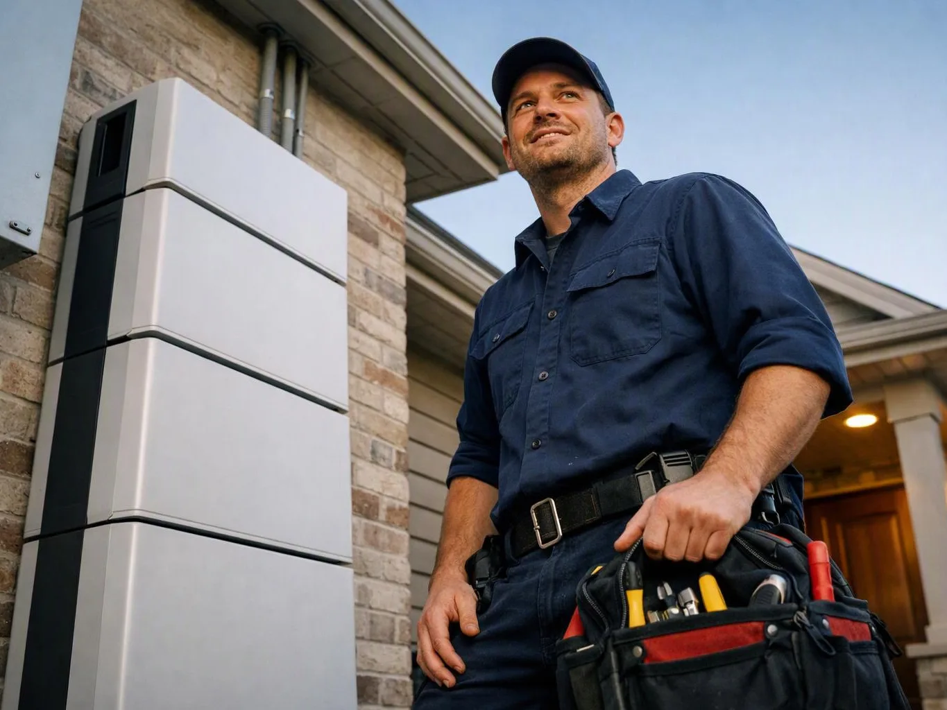 A smiling technician in a cap stands outside a house, holding a tool bag beside a wall-mounted metal unit