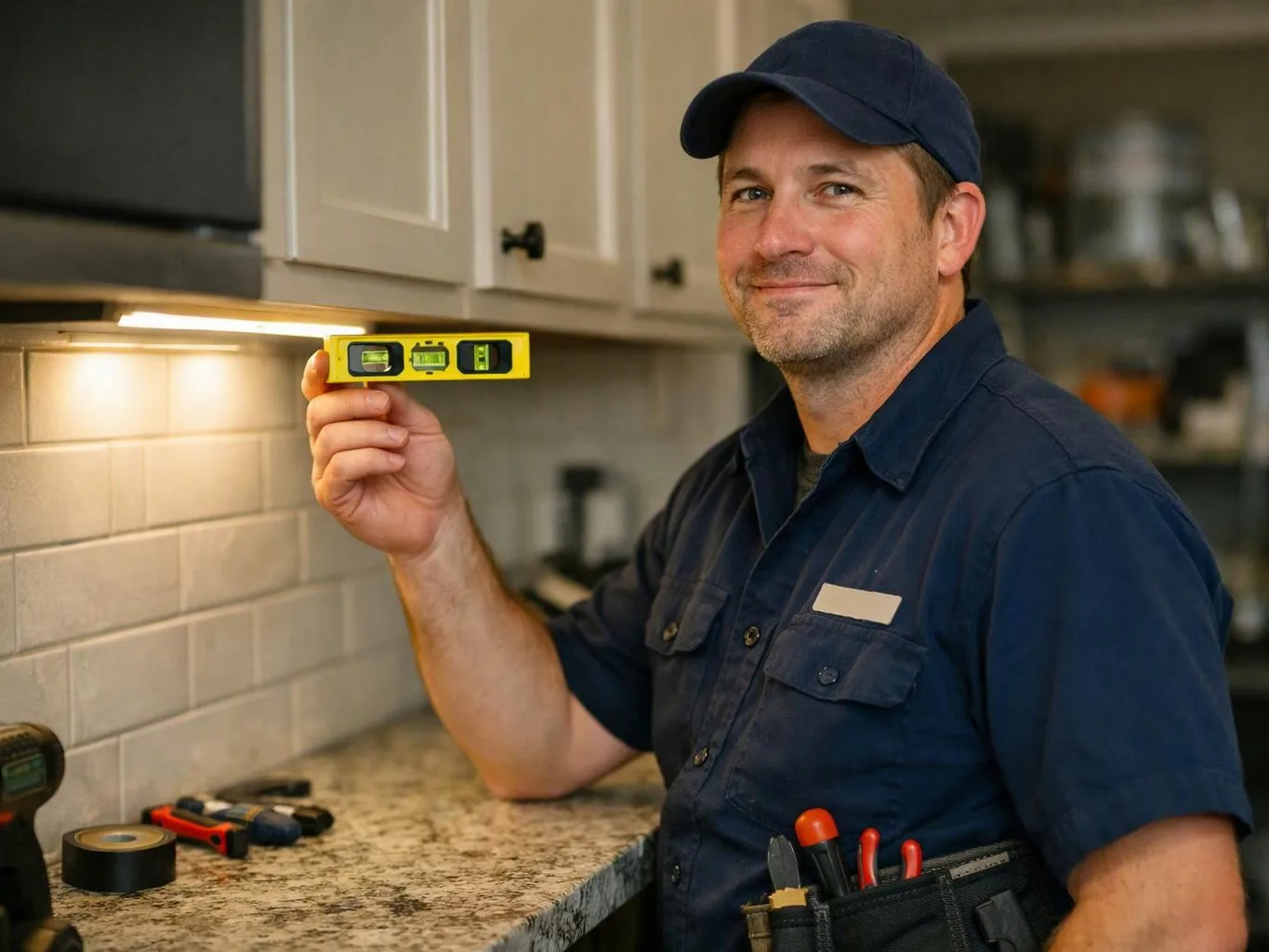 A smiling worker in a navy uniform holds a yellow spirit level in a kitchen with tools on the counter