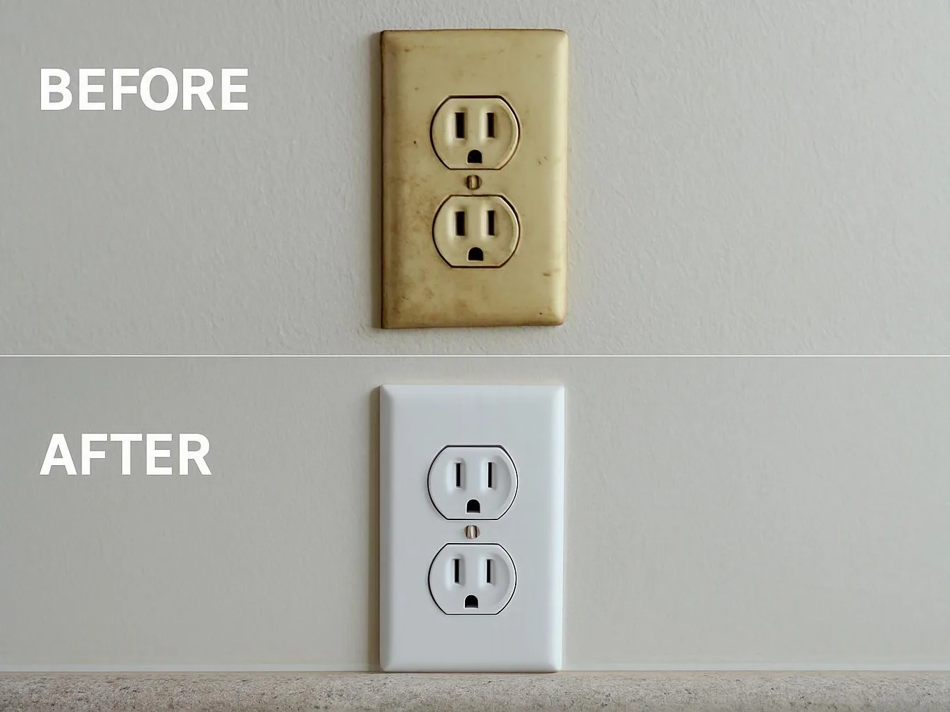 A split before and after shows a stained beige wall outlet replaced by a clean white outlet on a plain wall