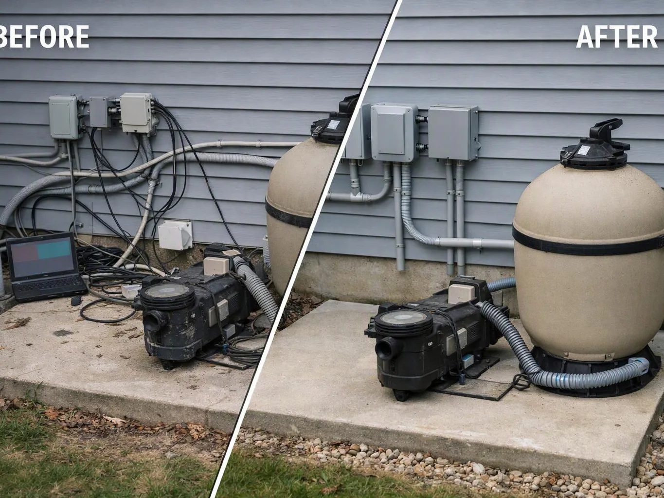 Split before and after view of a pool filter setup beside a house, with tangled wires replaced by neat piping