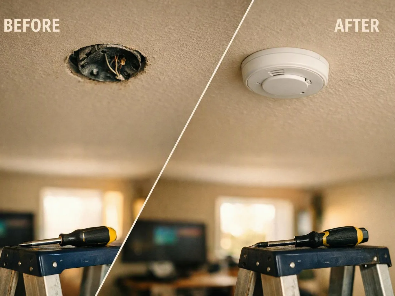 Split before-and-after view shows a ceiling hole replaced by a white smoke detector above a step ladder and screwdriver