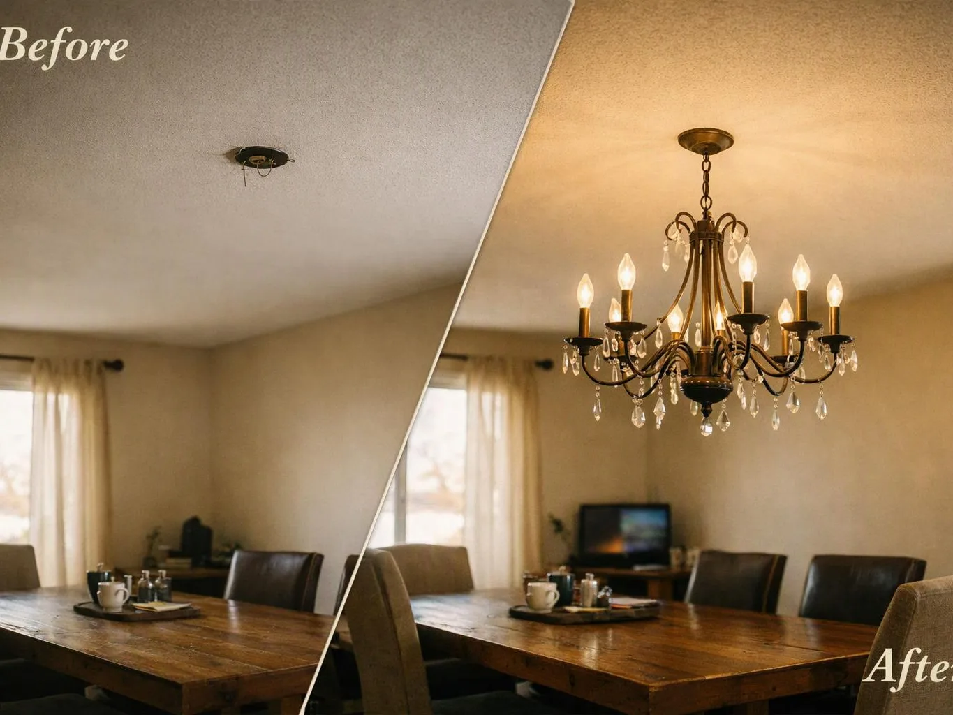 A split before-and-after view shows a dining room with a plain ceiling fixture changed to a lit chandelier over a wooden table