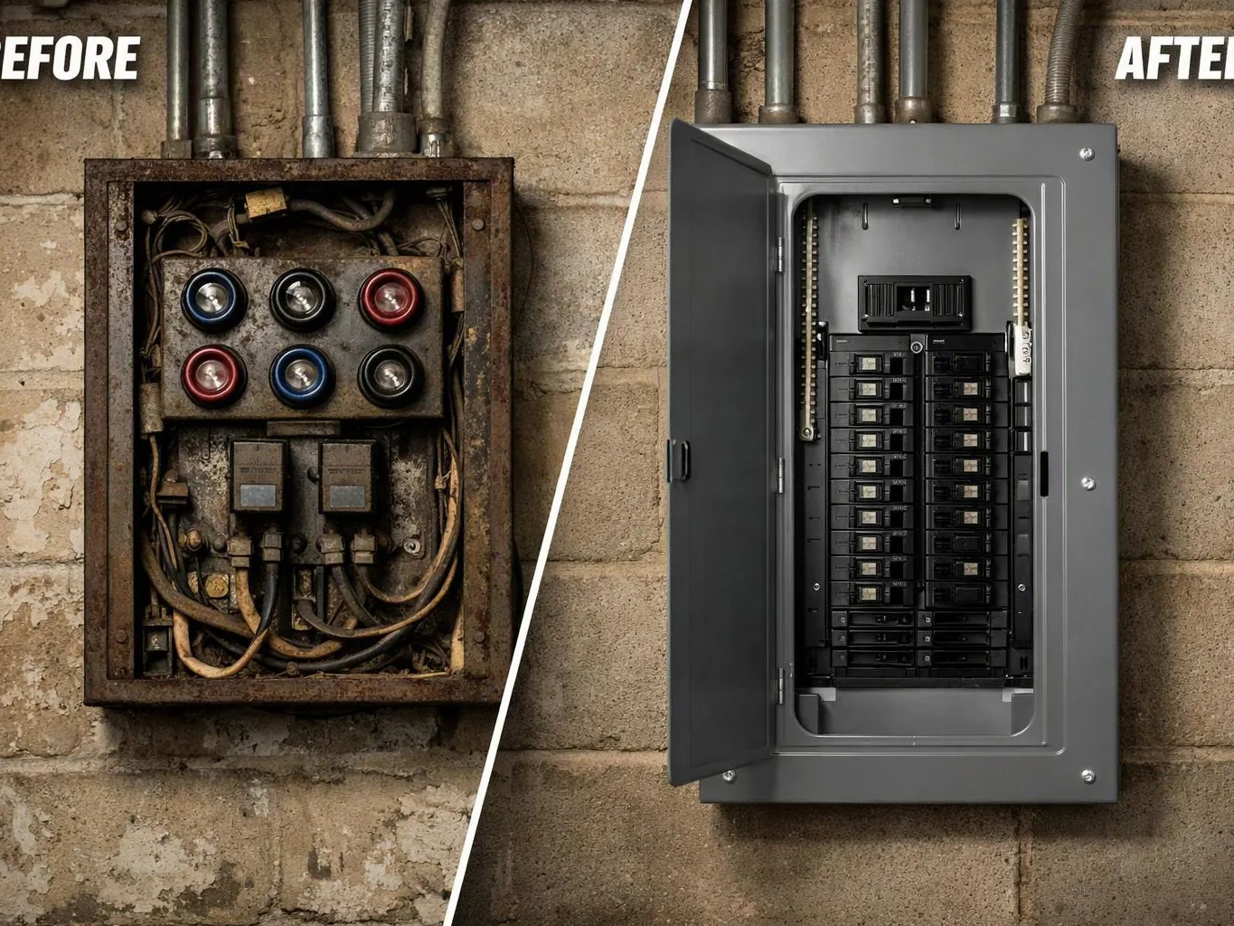 Split before-and-after view shows a rusty old electrical panel replaced by a clean gray breaker box on a concrete wall