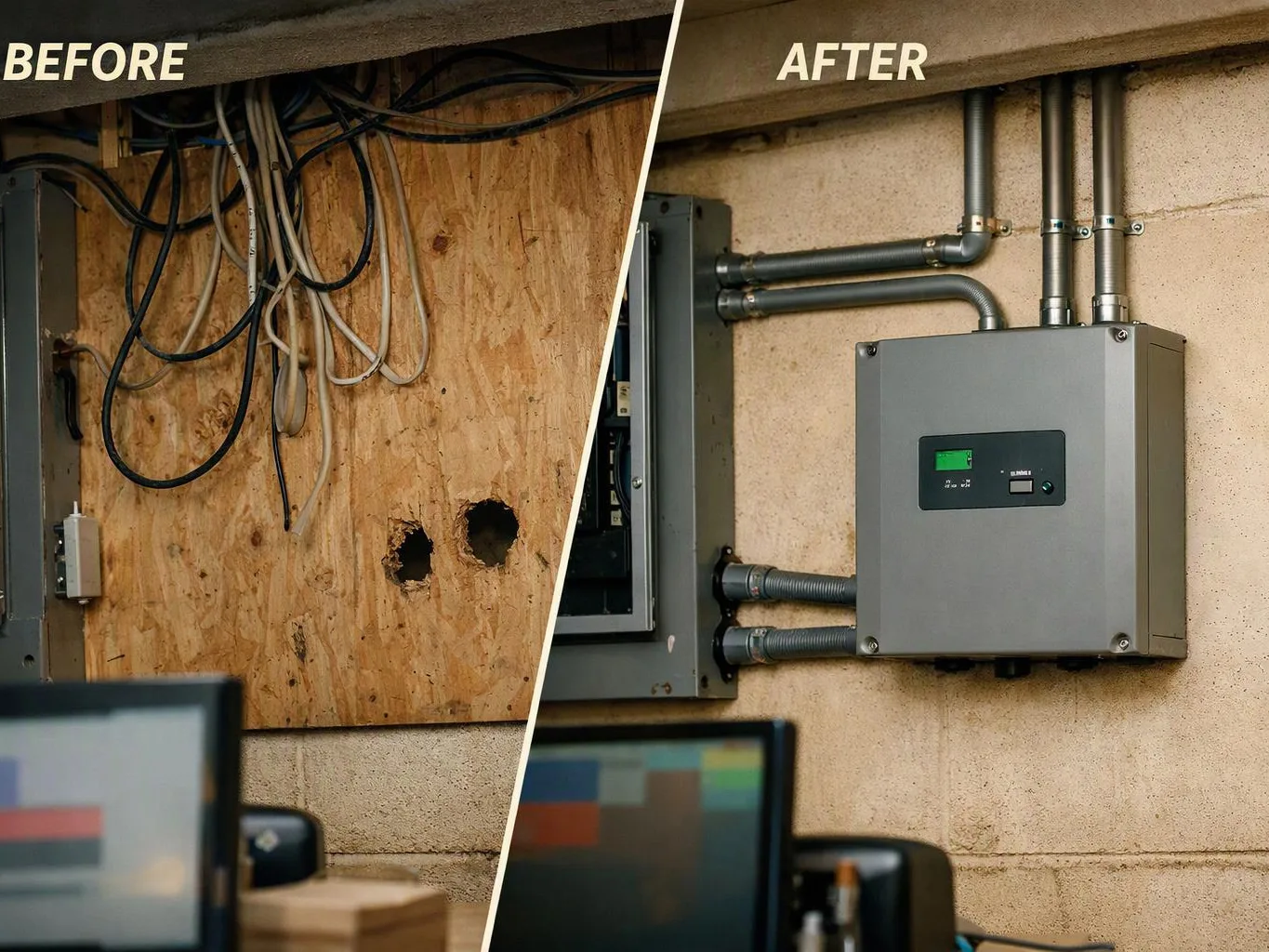 Split before-and-after view of a wall with messy loose wires on the left and a tidy gray electrical box on the right