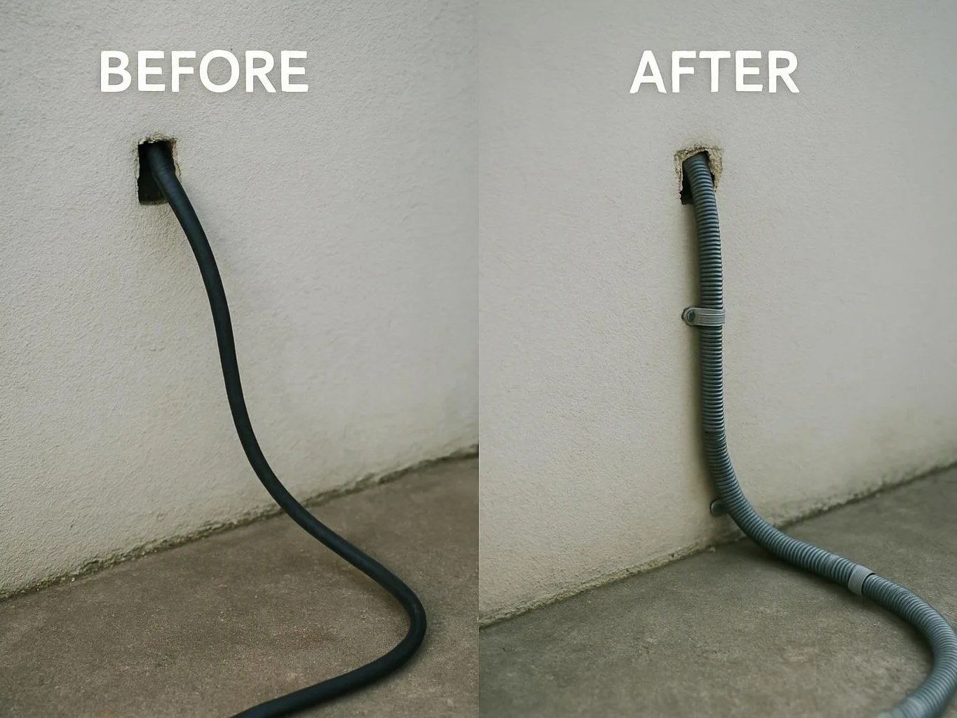 Split before and after view of a wall opening with a loose black cable, then a gray conduit clipped in place