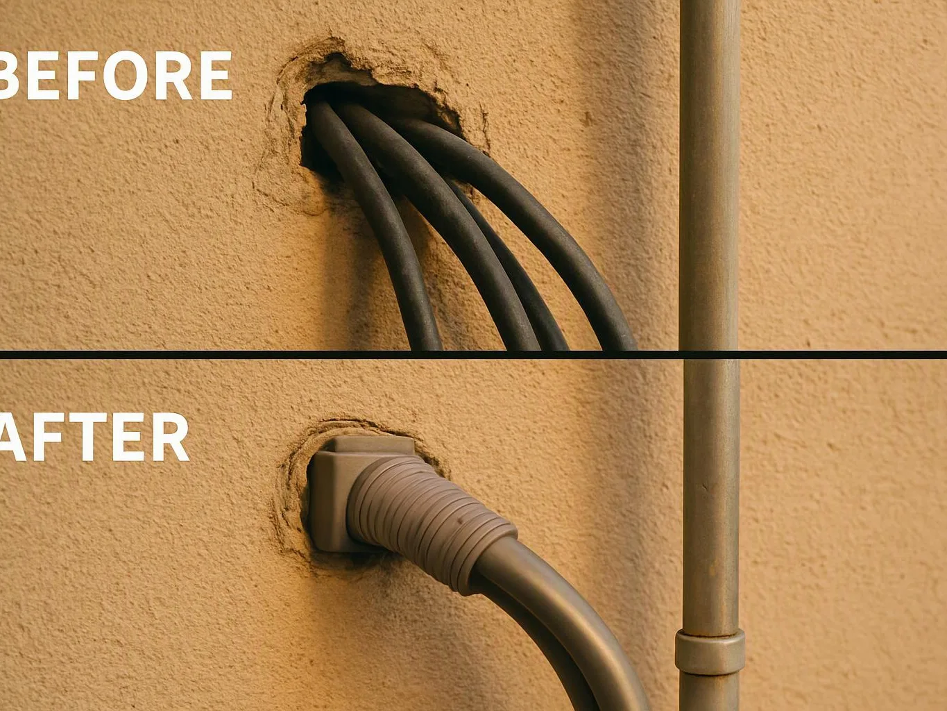 Split image showing loose black cables before and a single secured cable after in a stucco wall hole
