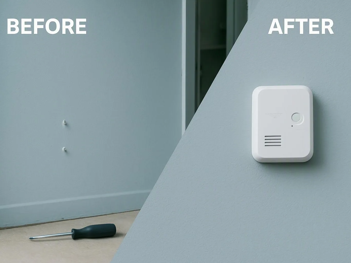 Split image shows a bare wall with holes and a screwdriver, and a mounted white alarm device on a painted wall