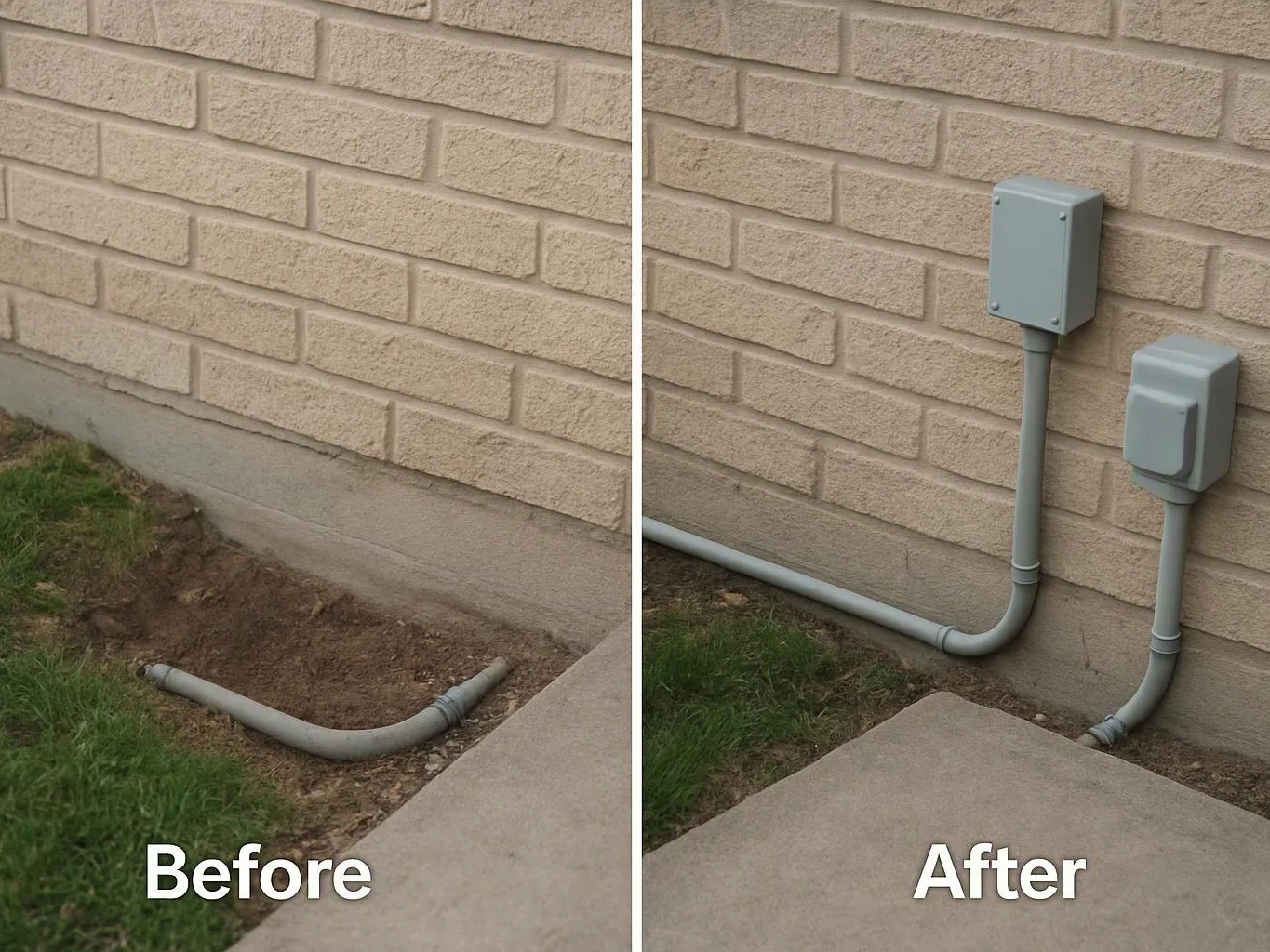 Split image shows a buried wall pipe before, and two gray electrical boxes with conduits after along a brick foundation
