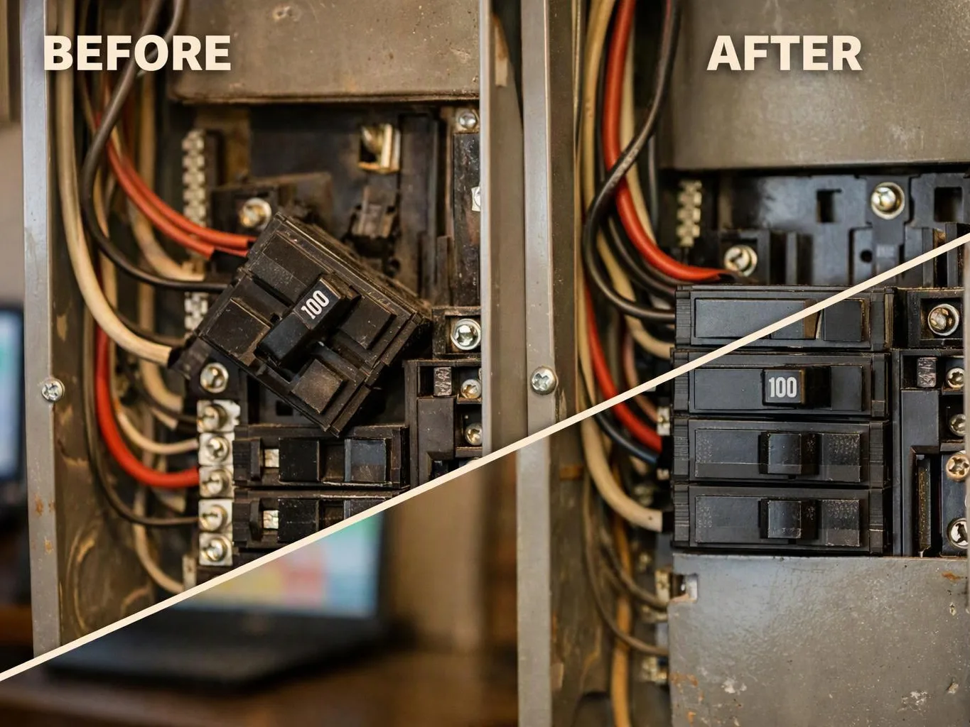 Split image shows an electrical breaker panel before and after, with a loose 100-amp breaker fixed in place