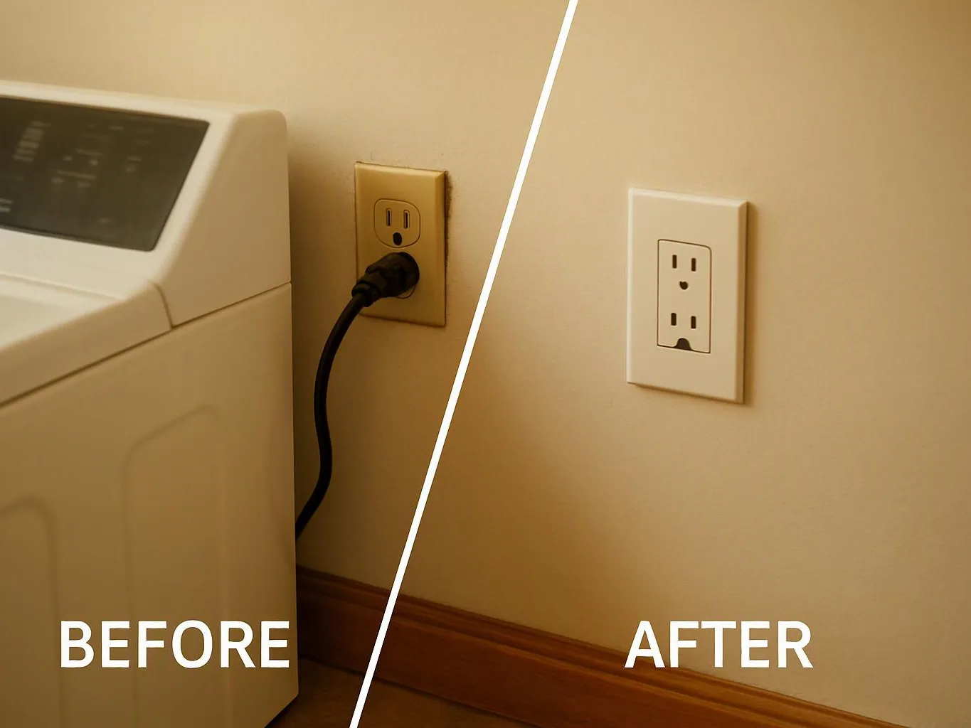 Split image shows a washer beside a wall outlet before and after replacement with a clean new cover
