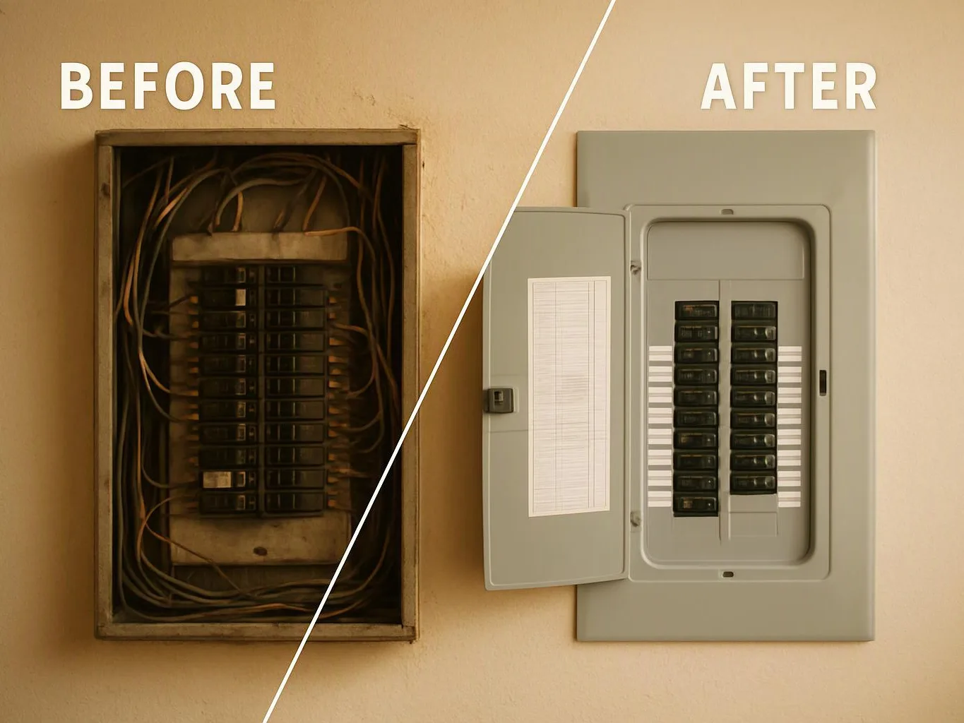 Split view of an old electrical panel before and a cleaner updated panel after on a beige wall