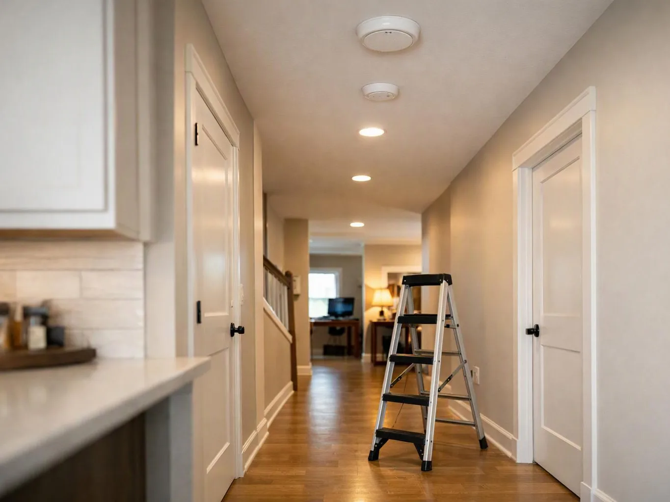 A step ladder stands in a bright hallway with white doors, wood floors, and recessed ceiling lights