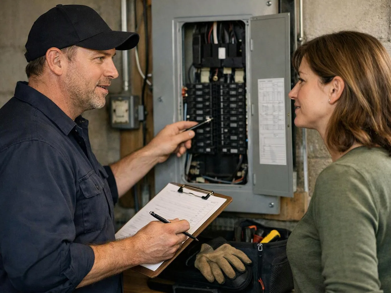 A technician points at an open electrical panel while holding a clipboard and talking with a woman in a utility room