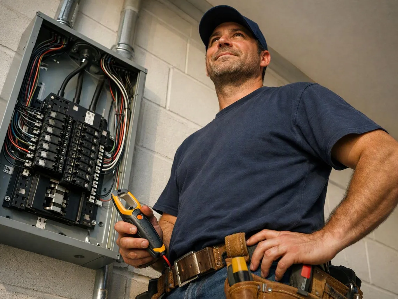 A technician stands beside an open electrical panel, holding a tester in a cinderblock-walled room