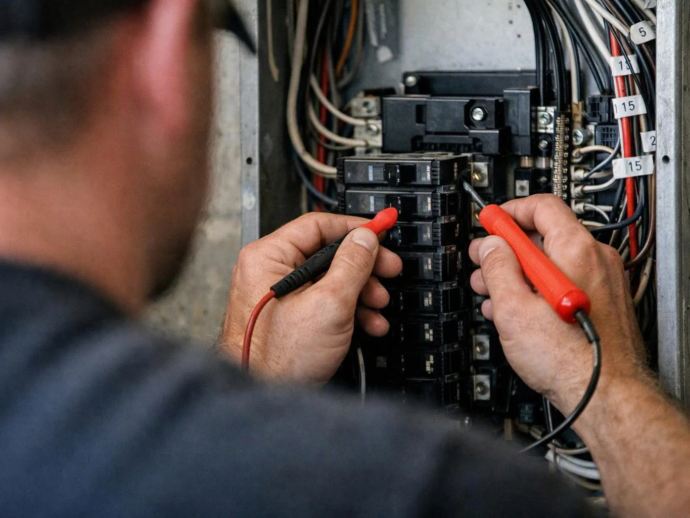 A technician tests circuit breakers inside an electrical panel with red and black probes