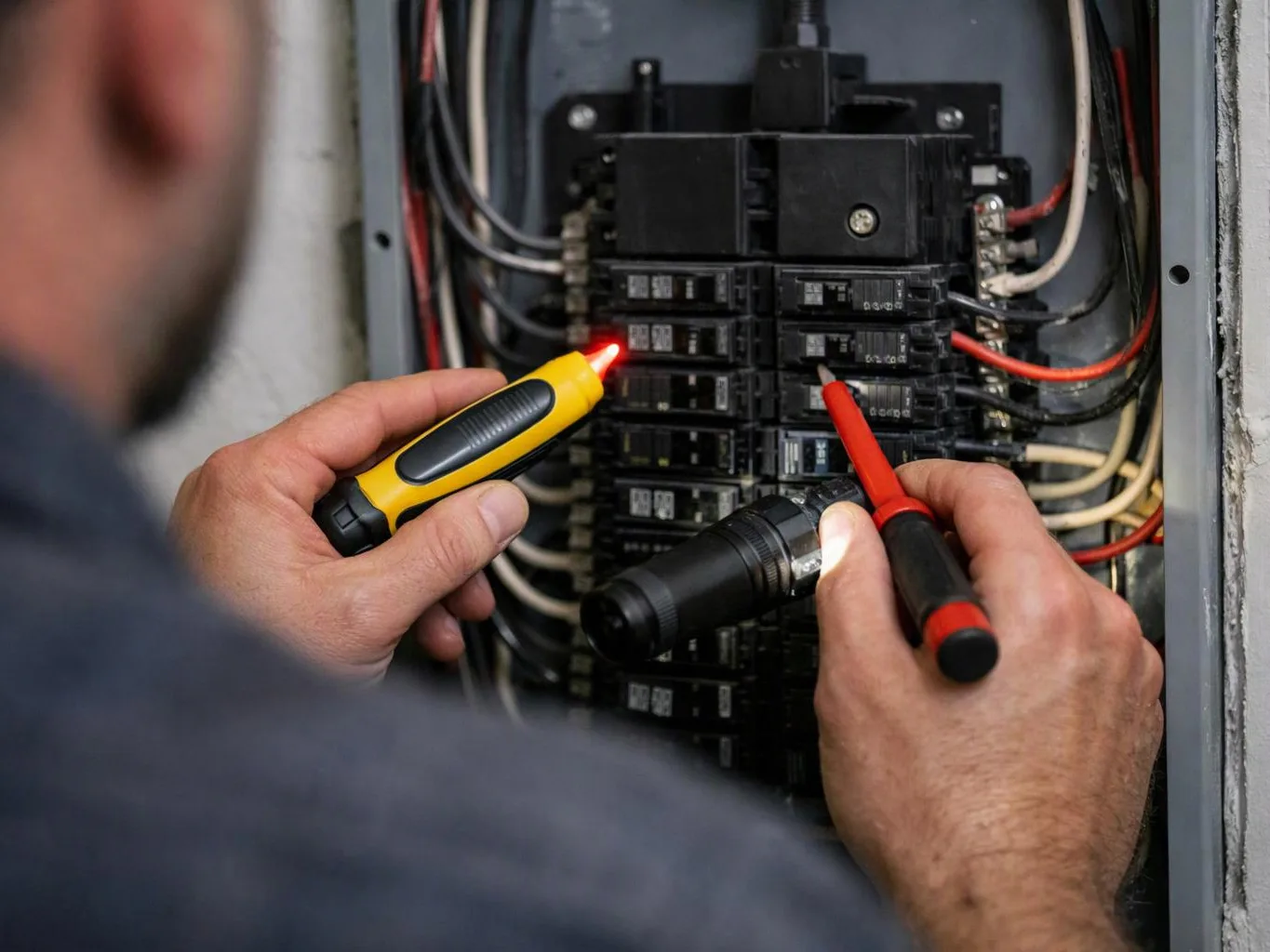 A technician tests an electrical breaker panel with a lit probe and a flashlight