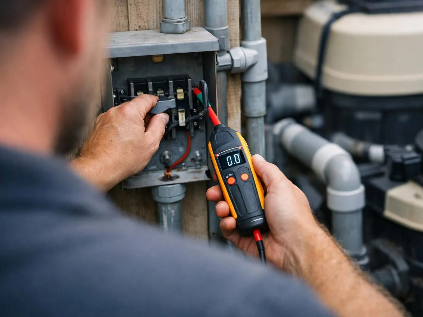 A technician tests an open electrical panel with a digital meter beside gray pipes and equipment