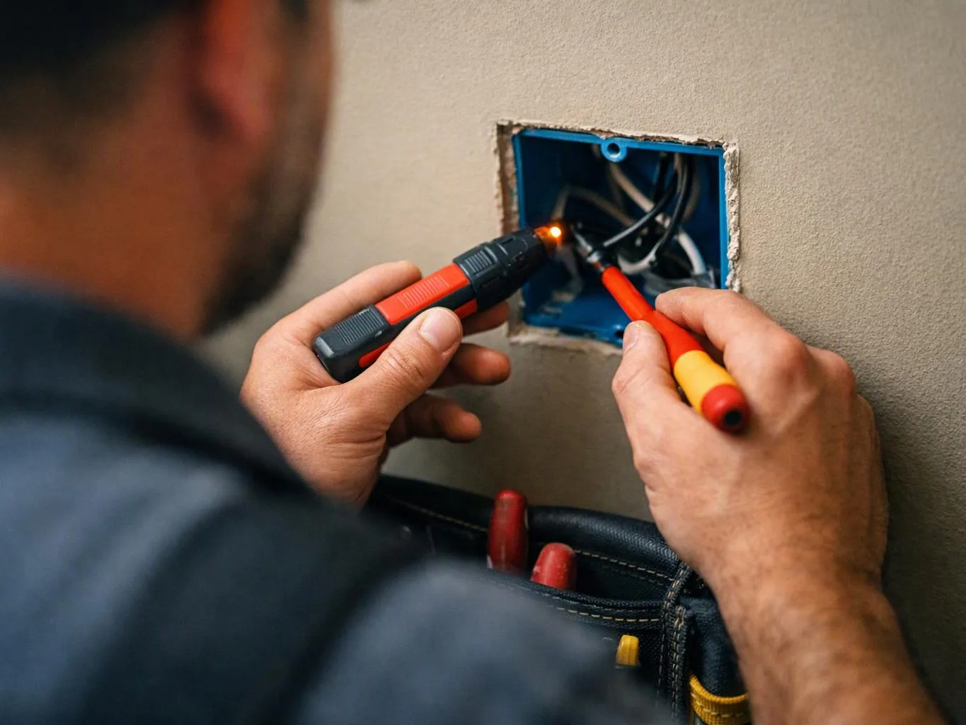 A technician tests wires in a wall box with two probes, standing close to a beige wall