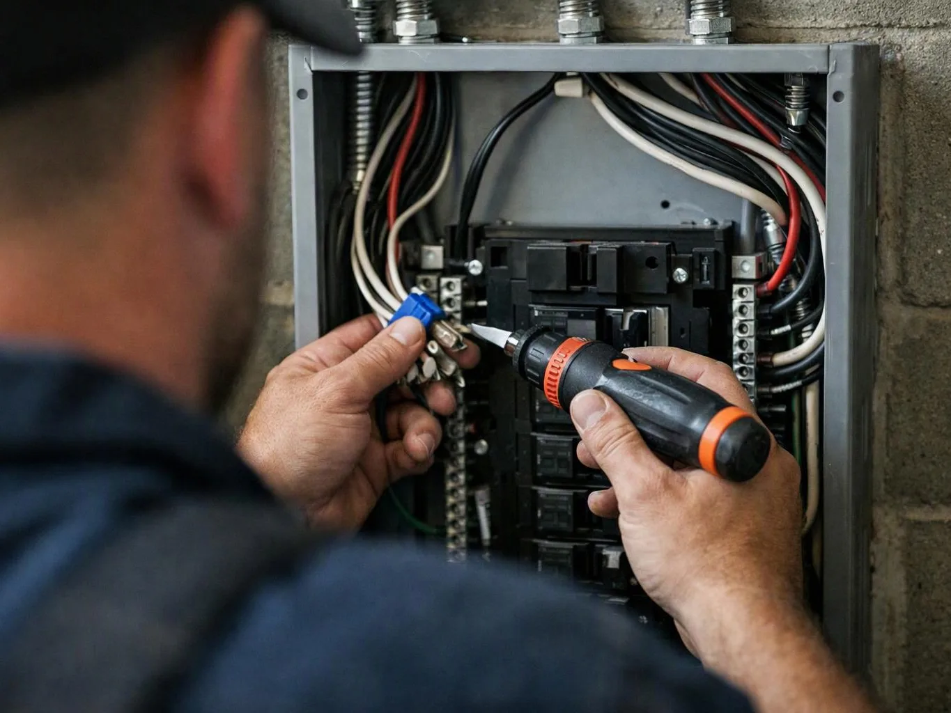 A technician tightens wiring inside an open electrical panel with a screwdriver