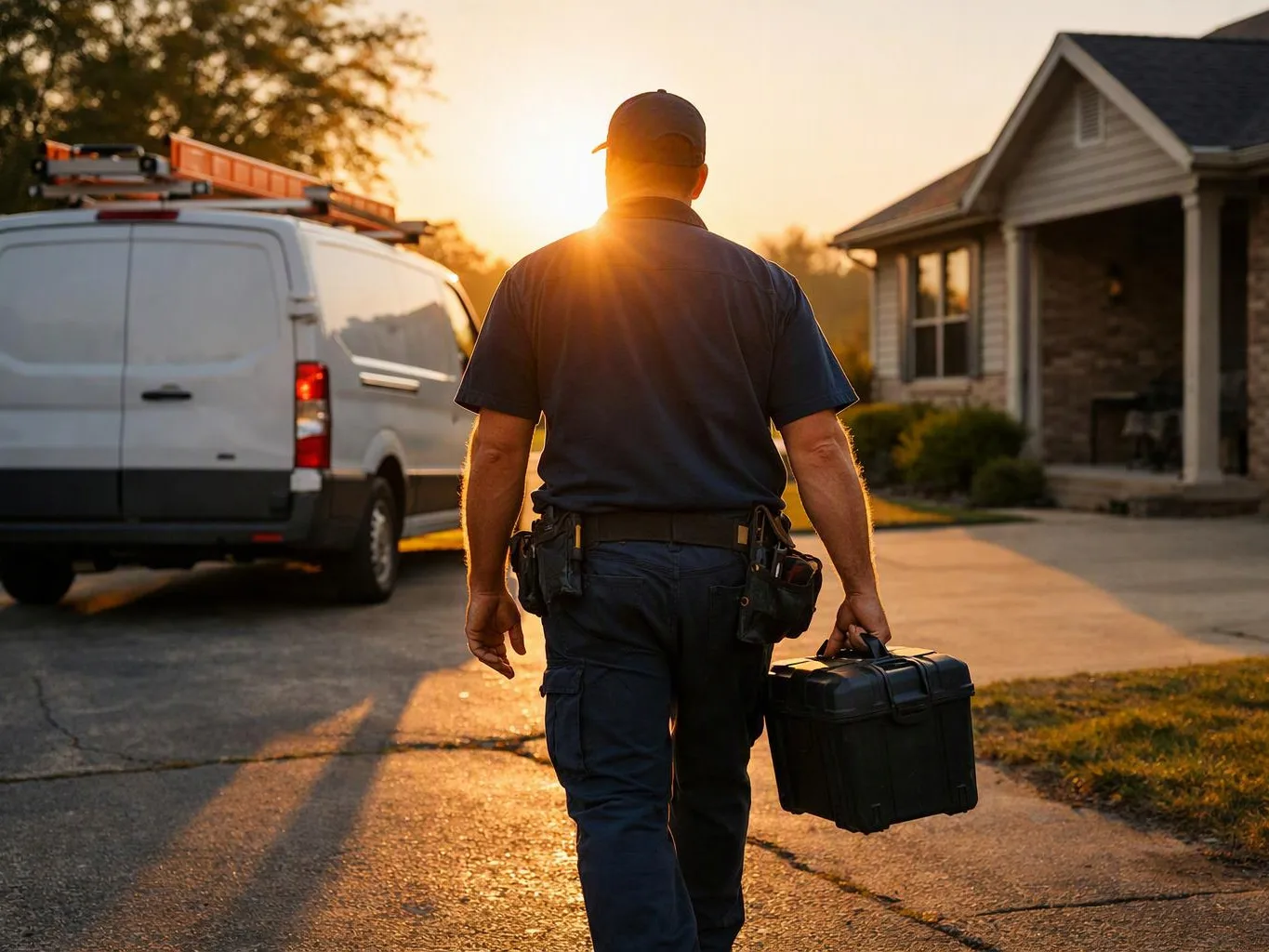 A technician walks up a driveway at sunset, carrying a black case beside a white work van and house