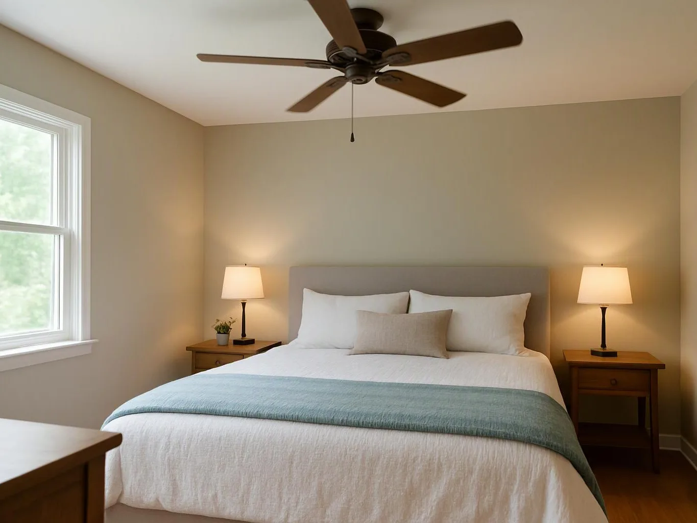 A tidy bedroom shows a made bed with two bedside lamps, a ceiling fan, and a window on the left