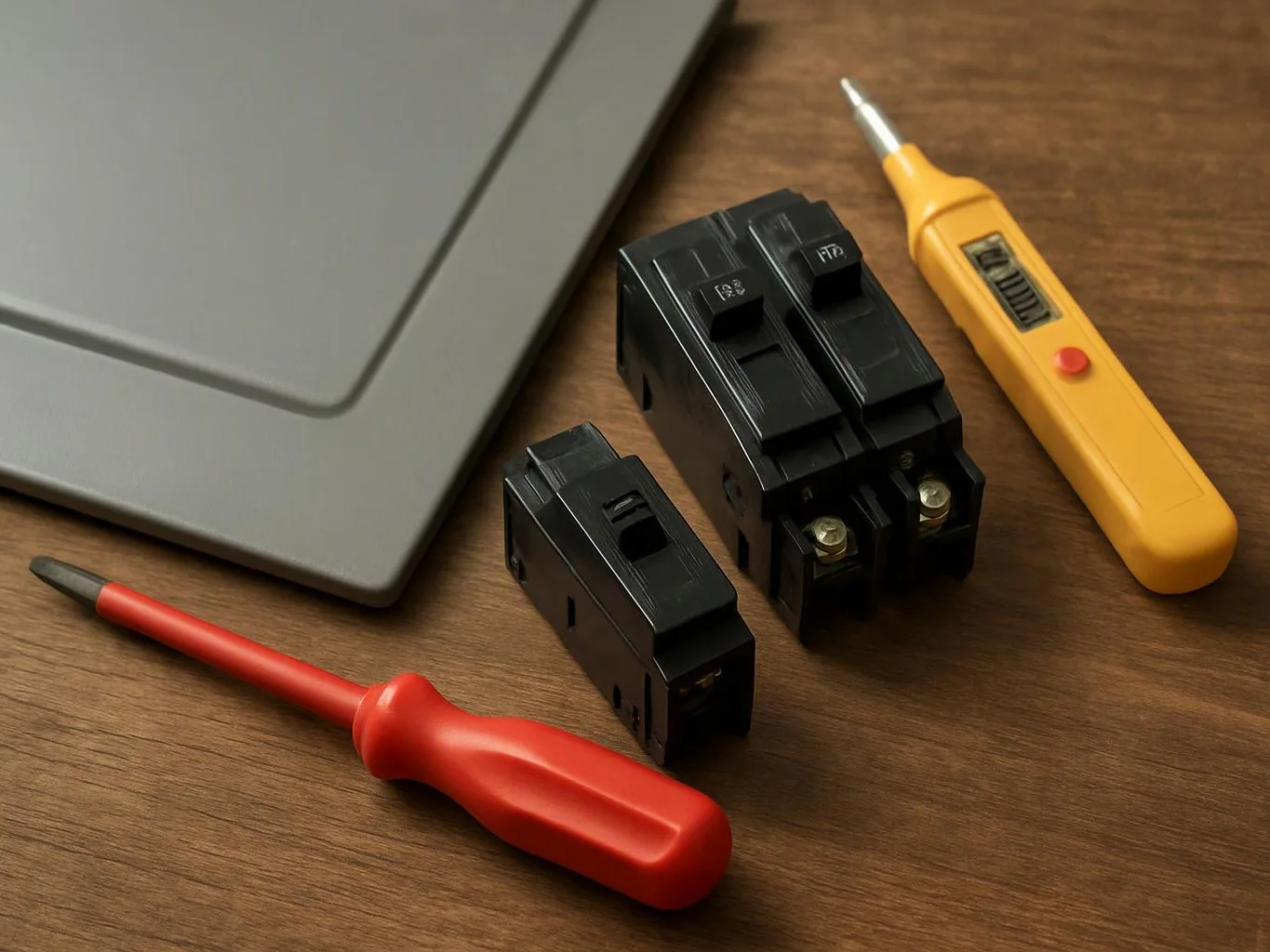 Two black electrical breakers sit beside red and yellow screwdrivers on a wooden table next to a gray panel cover