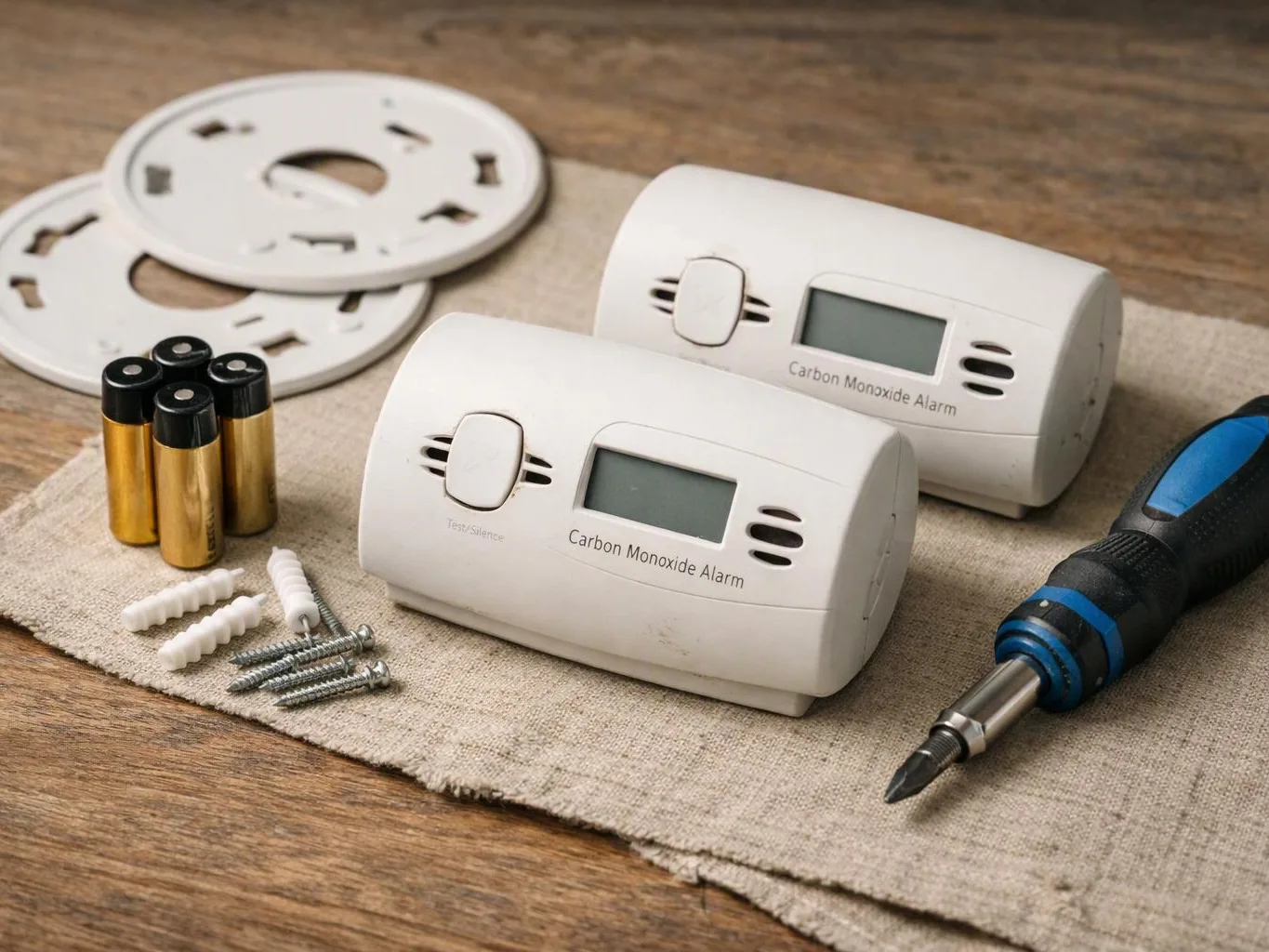 Two carbon monoxide alarms sit on a cloth with batteries, screws, wall plates, and a screwdriver on a wooden table