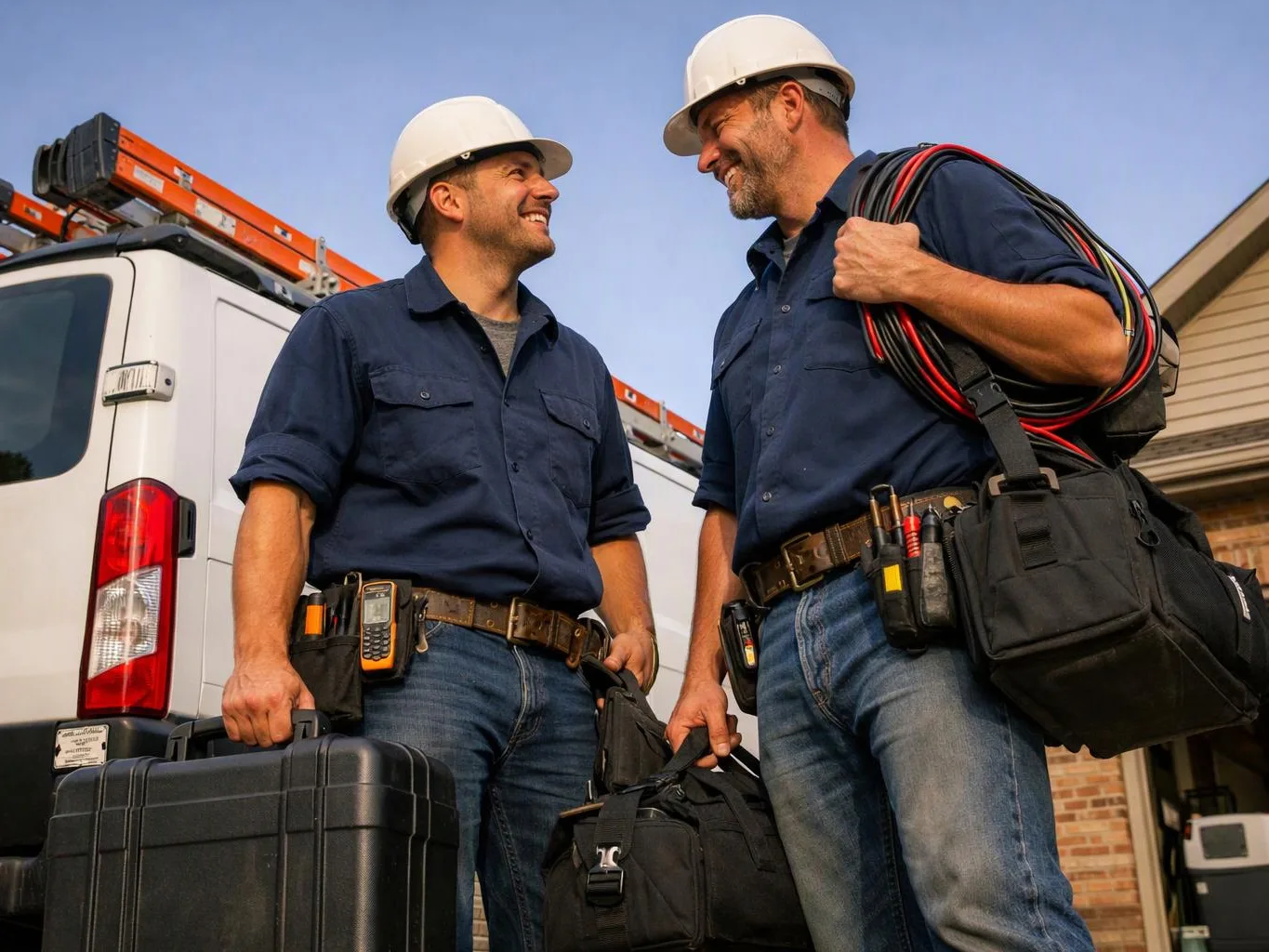 Two electricians in hard hats smile beside a work van, carrying tool bags and equipment