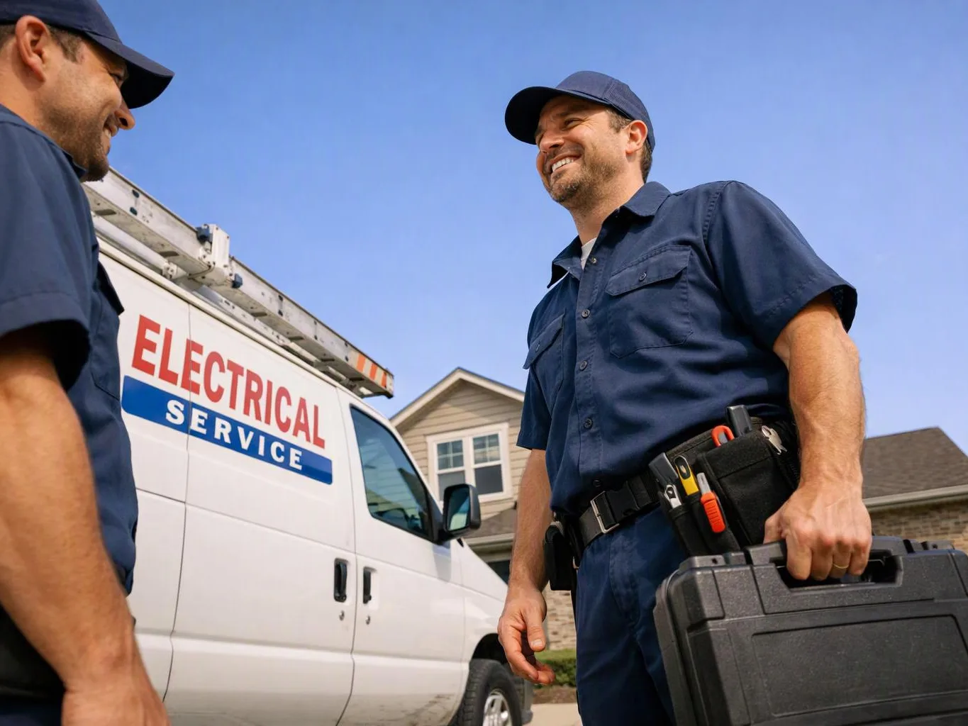 Two electricians in navy uniforms stand beside a white service van and one carries a black tool case
