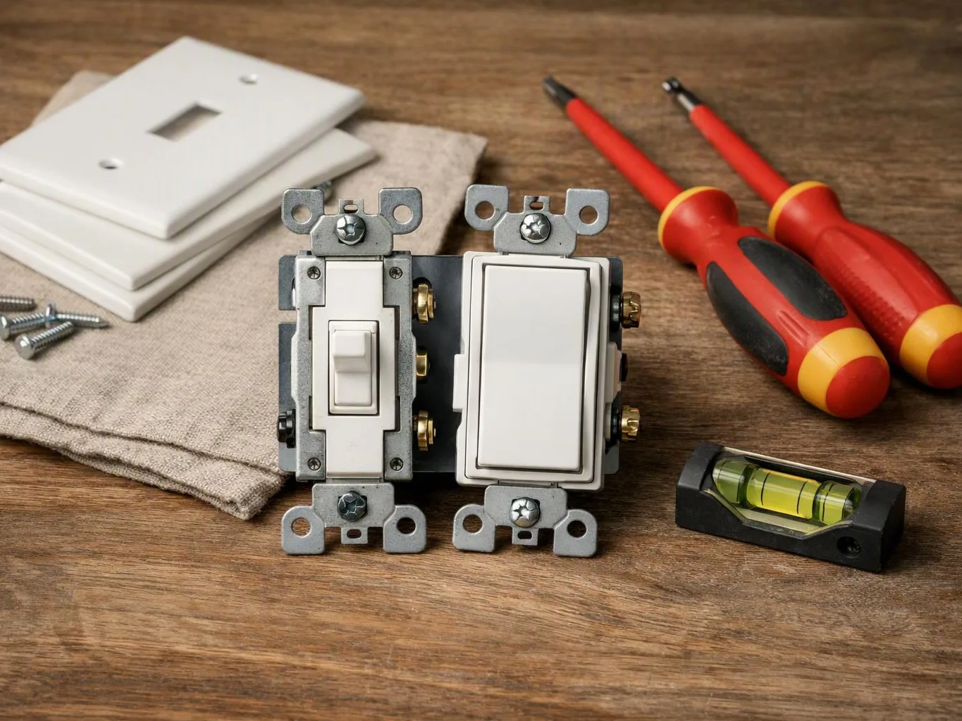Two light switches, screwdrivers, a level, screws, and wall plates sit on a wooden table
