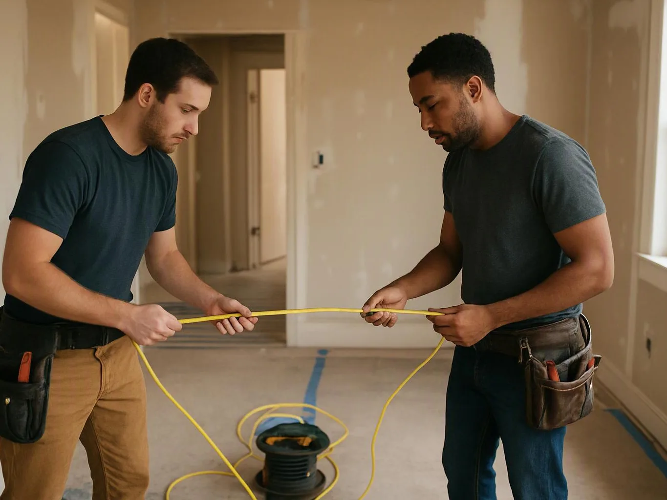 Two men in a bare room hold a yellow cable, with more cable coiled on the floor