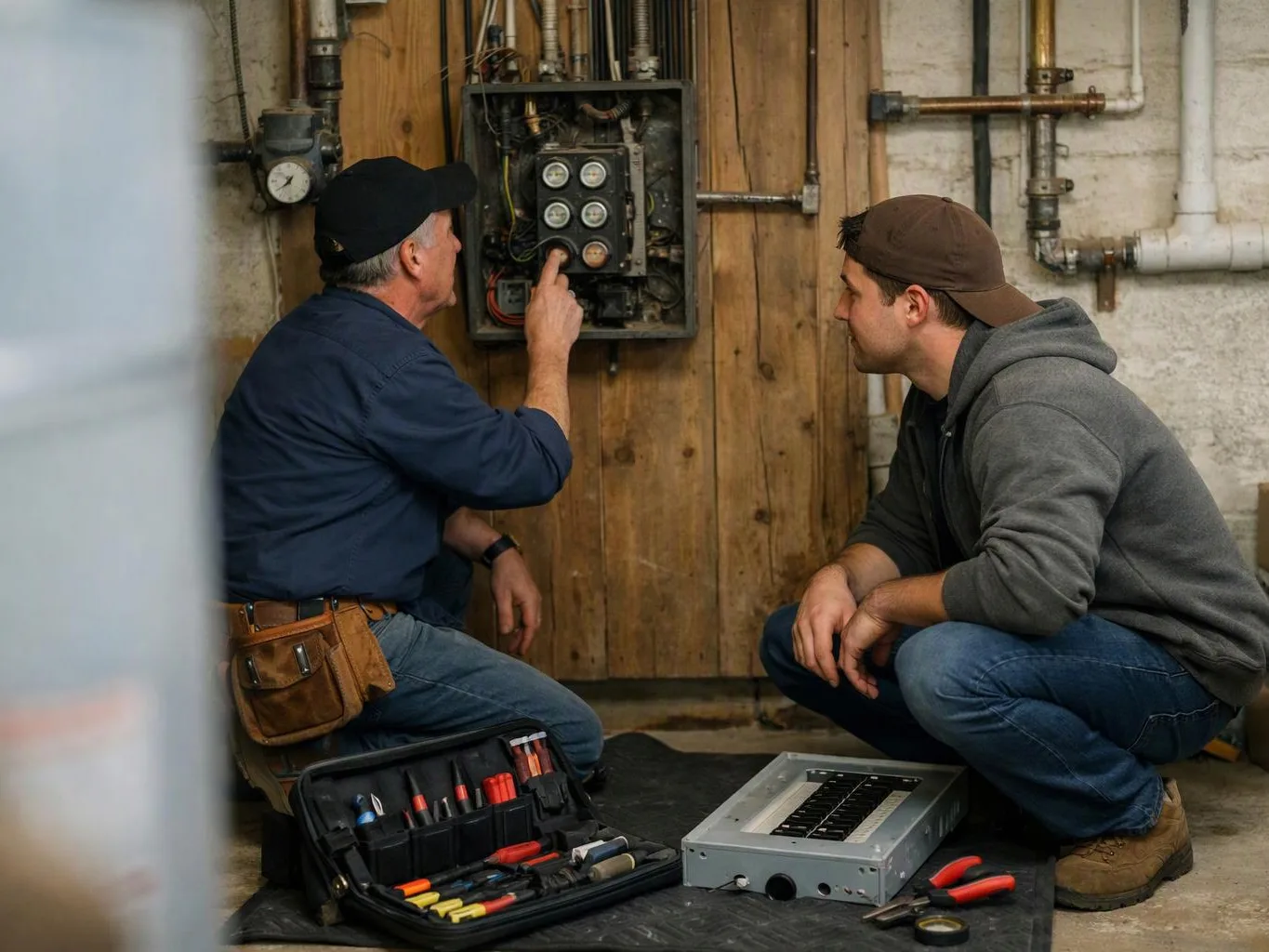 Two men inspect an open electrical panel in a basement, with tools and wiring spread on the floor