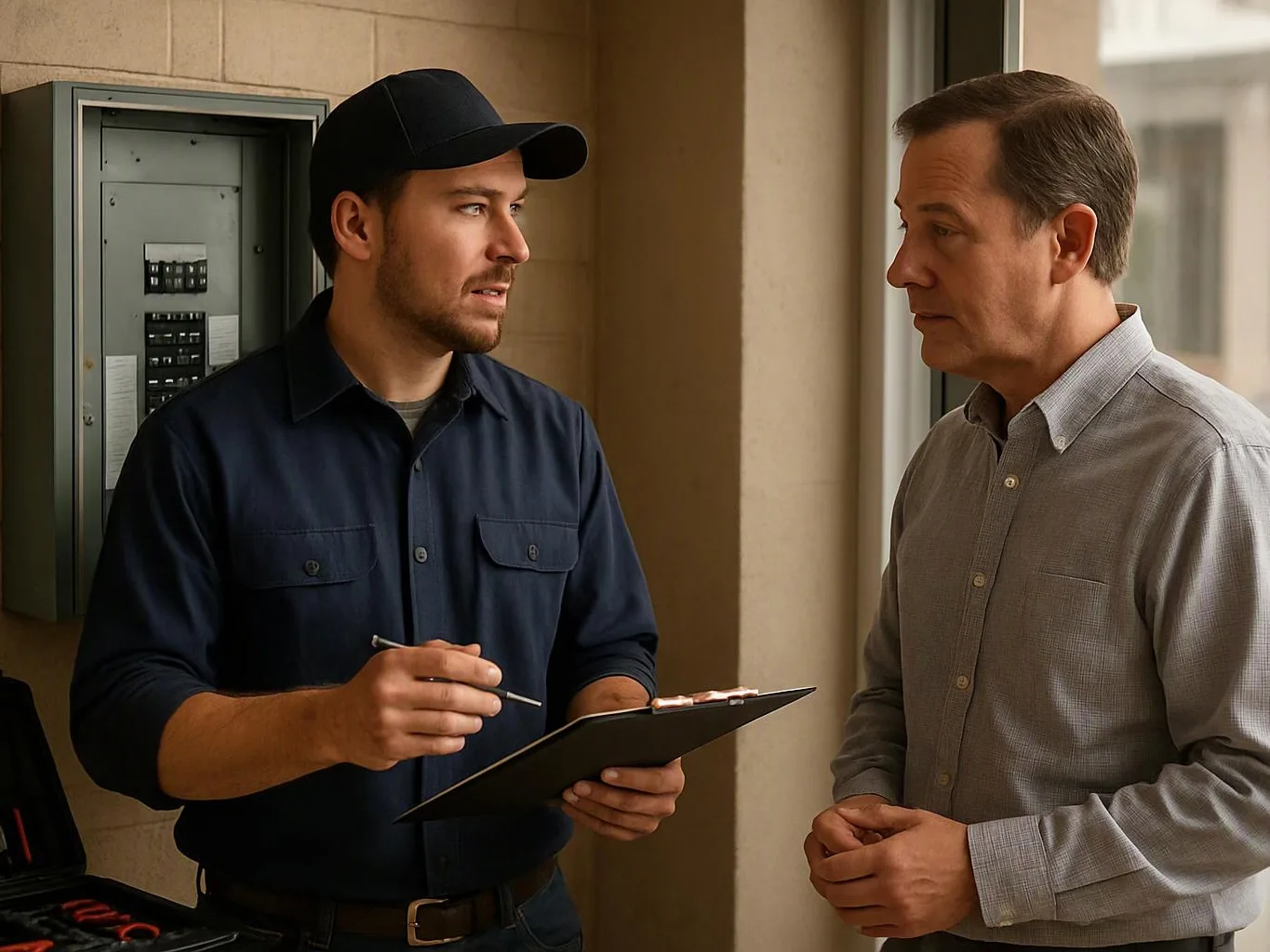 Two men talk in a hallway, one holding a clipboard and pen beside an electrical panel