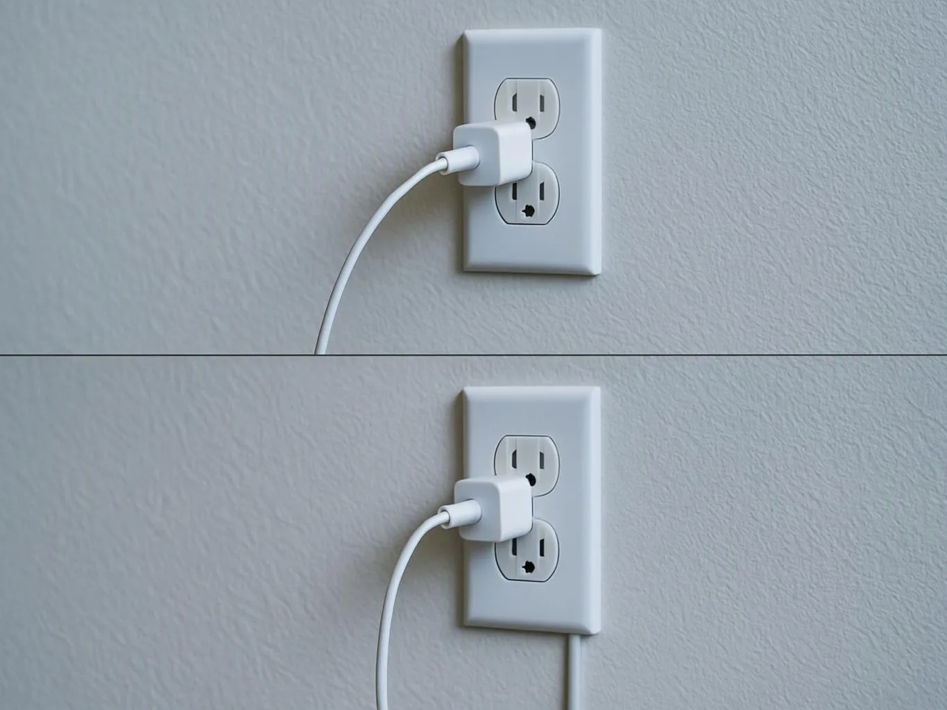 Two similar wall outlets with a white charger plugged in, shown on a gray wall in a split image