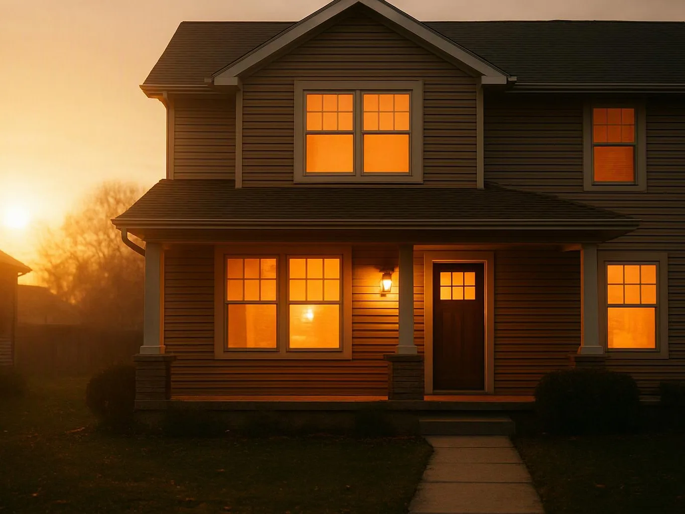 A two-story house glows with warm light at sunset, with a front porch and walkway visible
