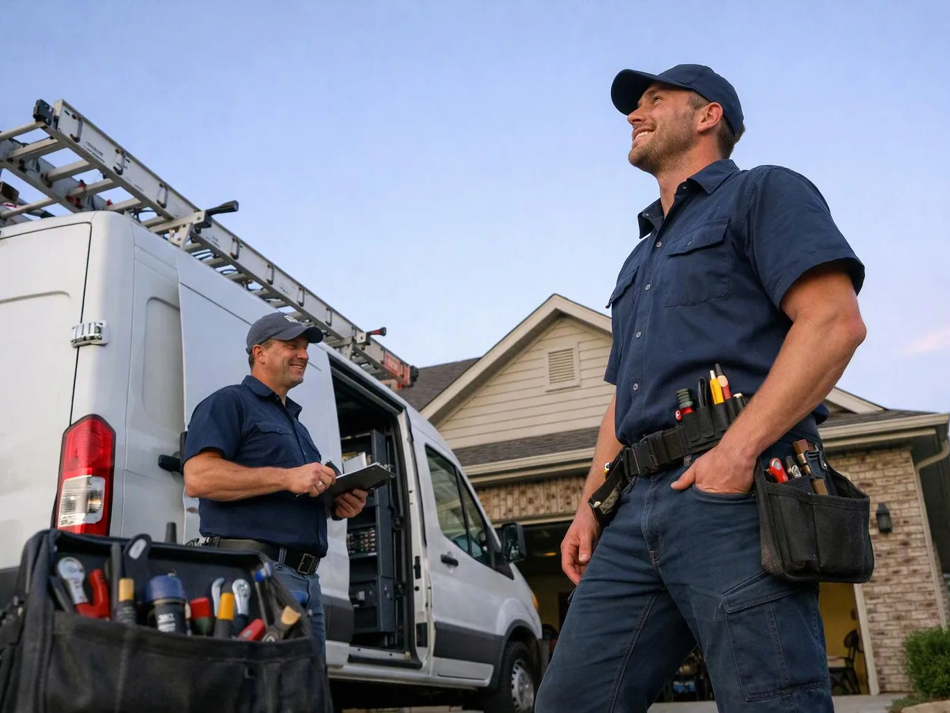 Two utility workers stand beside a white van with ladders outside a suburban house