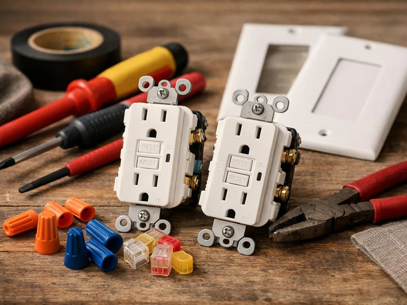 Two white electrical outlets sit on a wooden workbench with screwdrivers, pliers, wire nuts, and wall plates