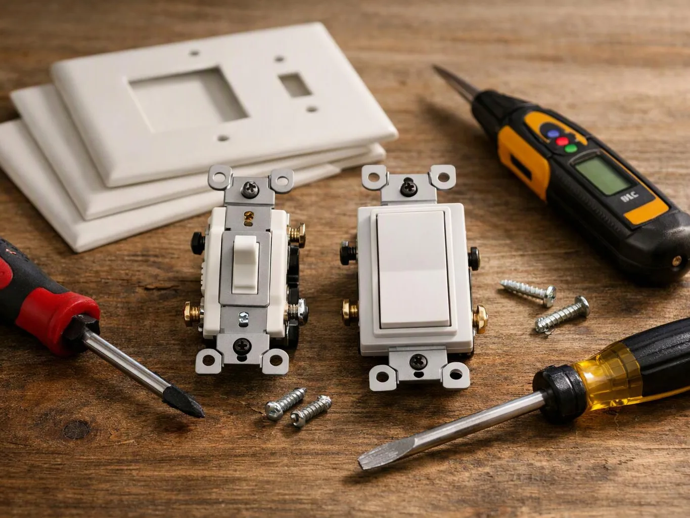 Two white light switches, screwdrivers, screws, and a tester lie on a wooden work surface