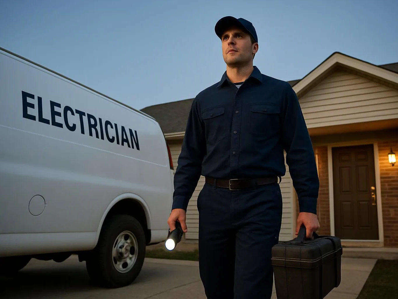 A uniformed electrician walks beside a white service van while carrying a flashlight and toolbox outside a house