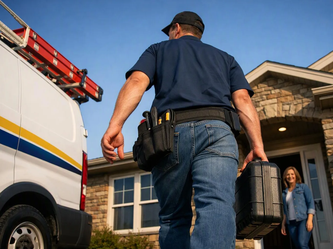 A utility worker carries a black case toward a house while a woman stands in the doorway and a van is parked nearby
