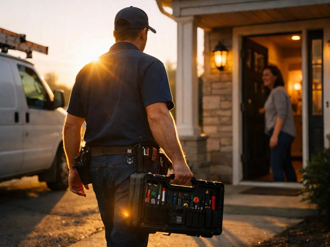 A utility worker carries a toolbox toward a home entrance at sunset while a woman waits inside