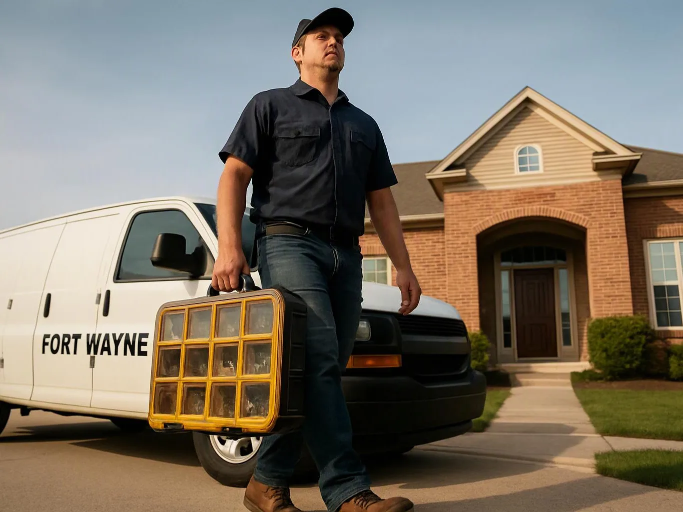 A utility worker carries a yellow toolbox past a white van parked outside a brick house