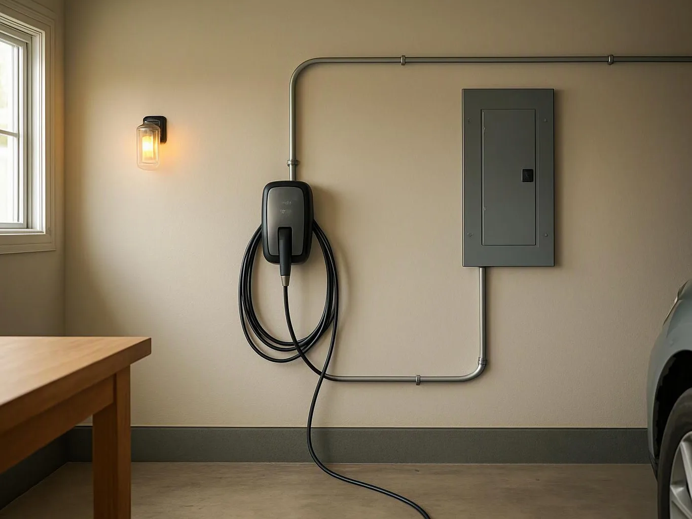 A wall-mounted electric car charger hangs beside a gray panel, with a car edge and wooden table in a garage-like room