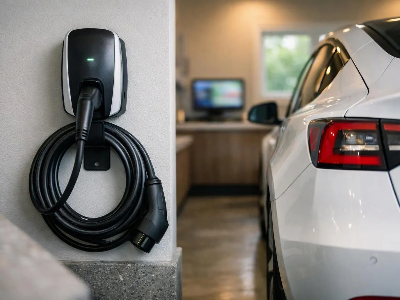 A wall-mounted electric car charger hangs coiled beside a white car parked in a garage