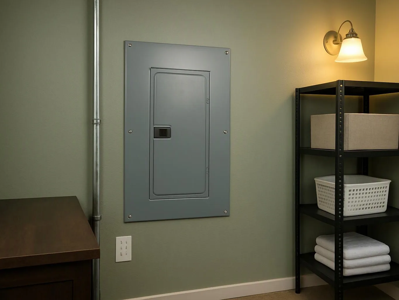 A wall-mounted electrical panel sits between a metal pipe and a shelf holding baskets and folded towels