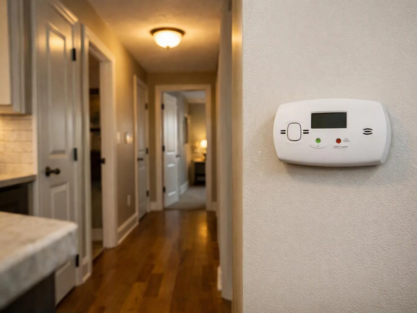 A wall thermostat sits beside a hallway with open doors and warm ceiling lights